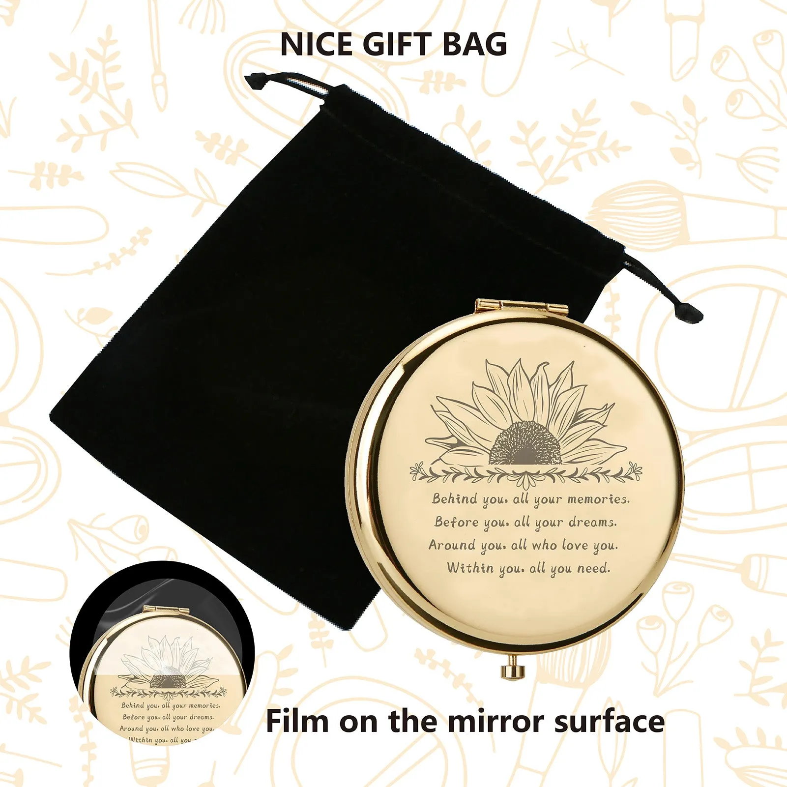 1Pc Stainless Steel Customization Mirror, Flat Round with Flower & Word, with 1Pc Rectangle Velvet Pouch, Golden, Mirror: 7x6.5cm