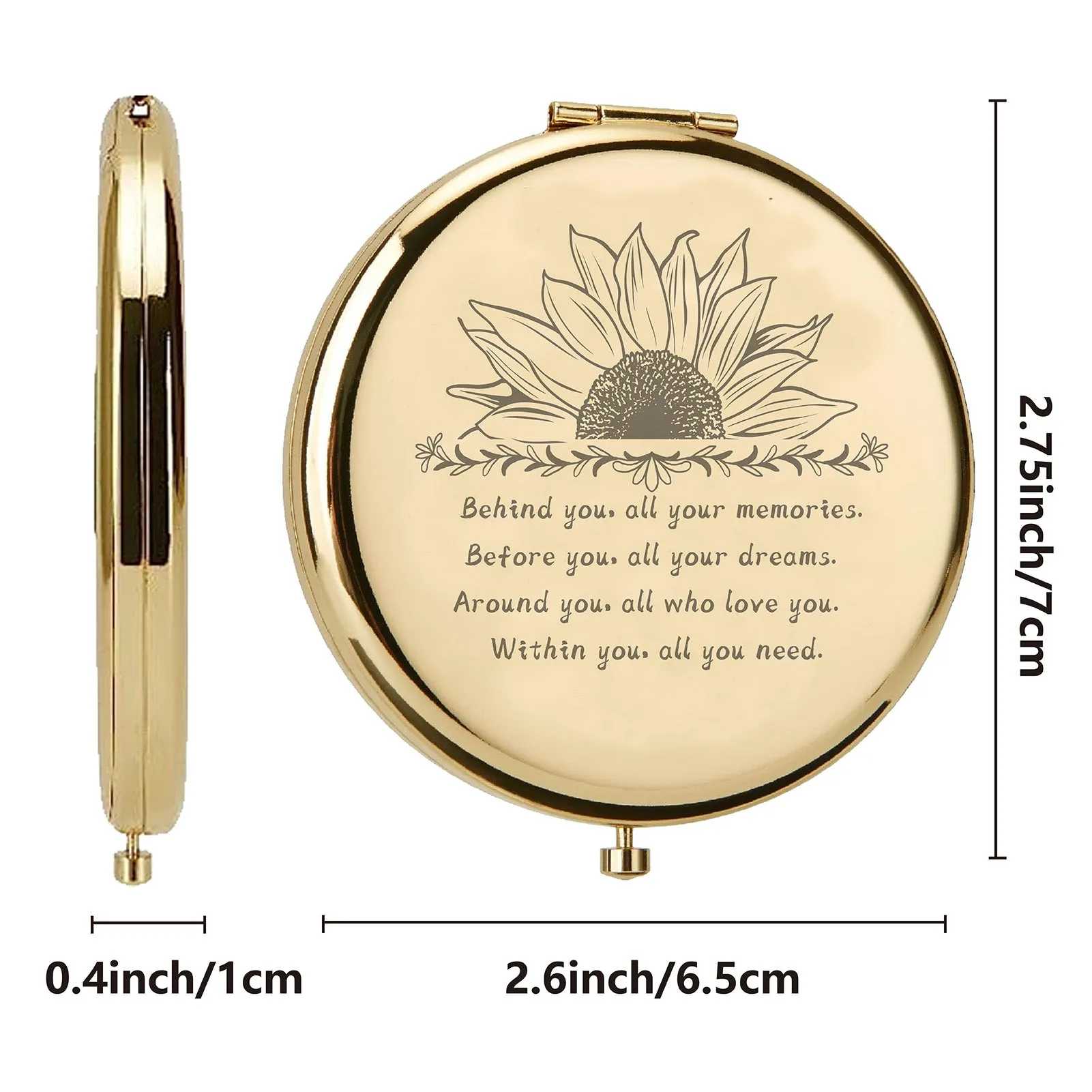 1Pc Stainless Steel Customization Mirror, Flat Round with Flower & Word, with 1Pc Rectangle Velvet Pouch, Golden, Mirror: 7x6.5cm