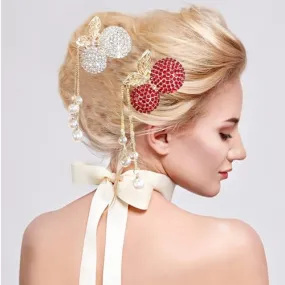 2 Pack Rhinestone Hair Clips, Non-slip Metal Hair Claw Clips, Cherry Tassel Hairclips Hairpin, Decorative Hairpins, Hair Accessories for ThickThin Hair Women and Girls (gold&red)