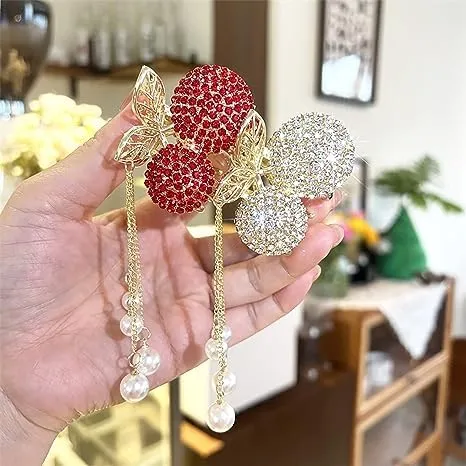 2 Pack Rhinestone Hair Clips, Non-slip Metal Hair Claw Clips, Cherry Tassel Hairclips Hairpin, Decorative Hairpins, Hair Accessories for ThickThin Hair Women and Girls (gold&red)