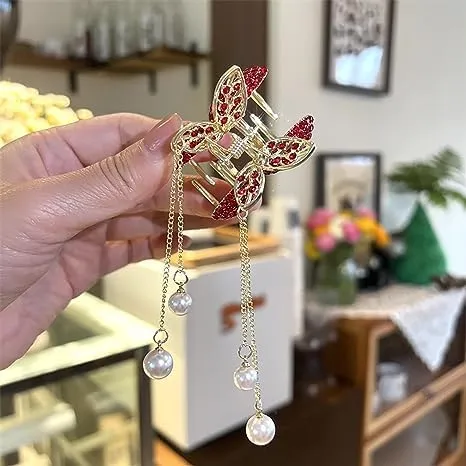 2 Pack Rhinestone Hair Clips, Non-slip Metal Hair Claw Clips, Cherry Tassel Hairclips Hairpin, Decorative Hairpins, Hair Accessories for ThickThin Hair Women and Girls (gold&red)