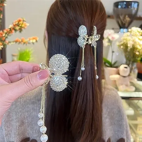 2 Pack Rhinestone Hair Clips, Non-slip Metal Hair Claw Clips, Cherry Tassel Hairclips Hairpin, Decorative Hairpins, Hair Accessories for ThickThin Hair Women and Girls (gold&red)