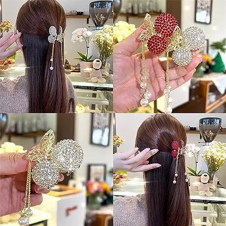 2 Pack Rhinestone Hair Clips, Non-slip Metal Hair Claw Clips, Cherry Tassel Hairclips Hairpin, Decorative Hairpins, Hair Accessories for ThickThin Hair Women and Girls (gold&red)