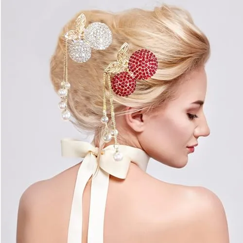 2 Pack Rhinestone Hair Clips, Non-slip Metal Hair Claw Clips, Cherry Tassel Hairclips Hairpin, Decorative Hairpins, Hair Accessories for ThickThin Hair Women and Girls (gold&red)
