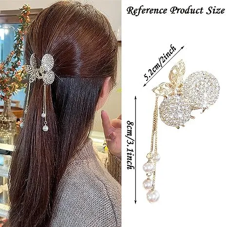2 Pack Rhinestone Hair Clips, Non-slip Metal Hair Claw Clips, Cherry Tassel Hairclips Hairpin, Decorative Hairpins, Hair Accessories for ThickThin Hair Women and Girls (gold&red)