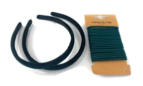 2 Velvet Girls School Headband Alice Band   20 Elastics Hair Ties Bobbles Ponies Set UK - Emerald / Dark Green