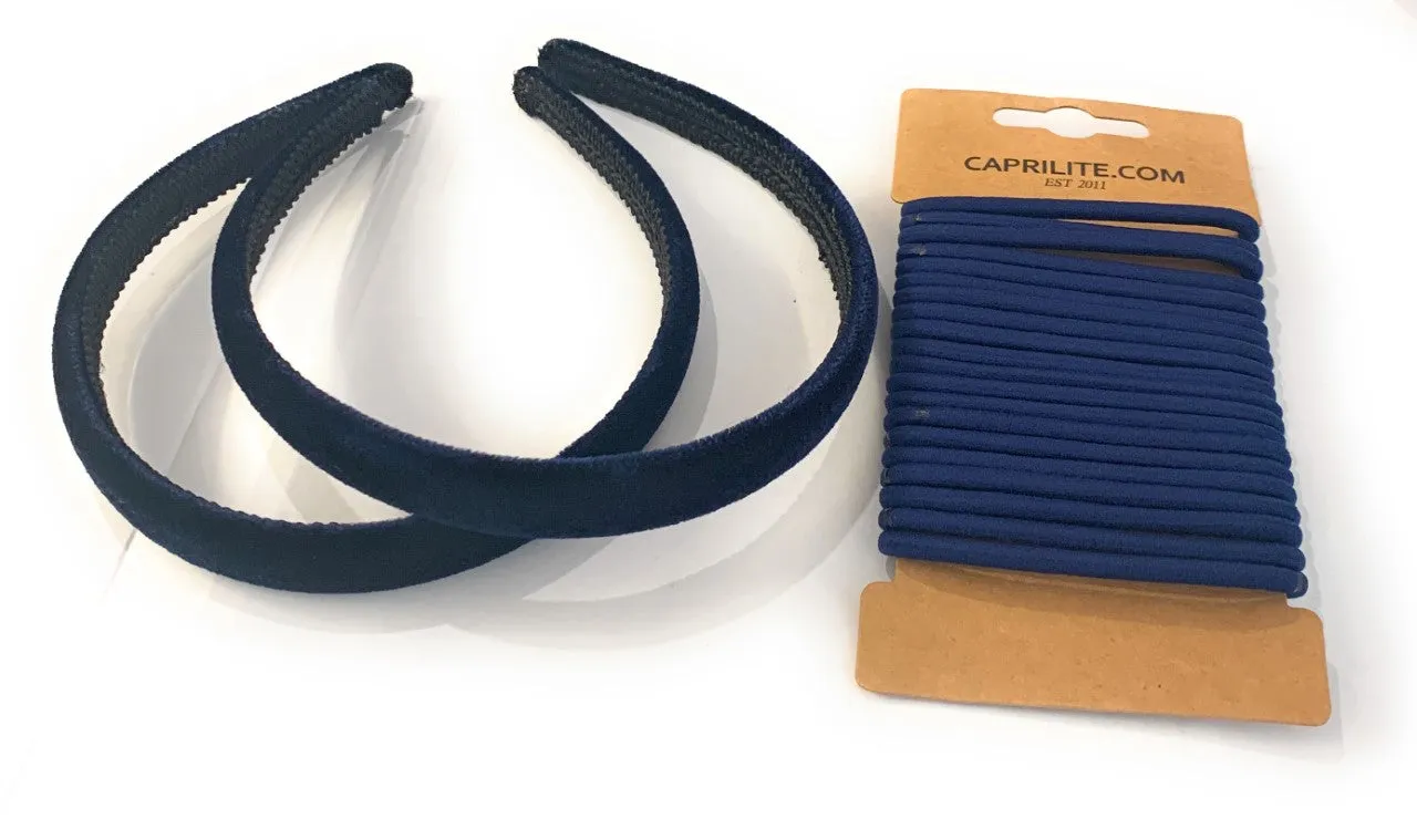 2 Velvet Girls School Headband Alice Band   20 Elastics Hair Ties Bobbles Ponies Set UK - Navy Blue