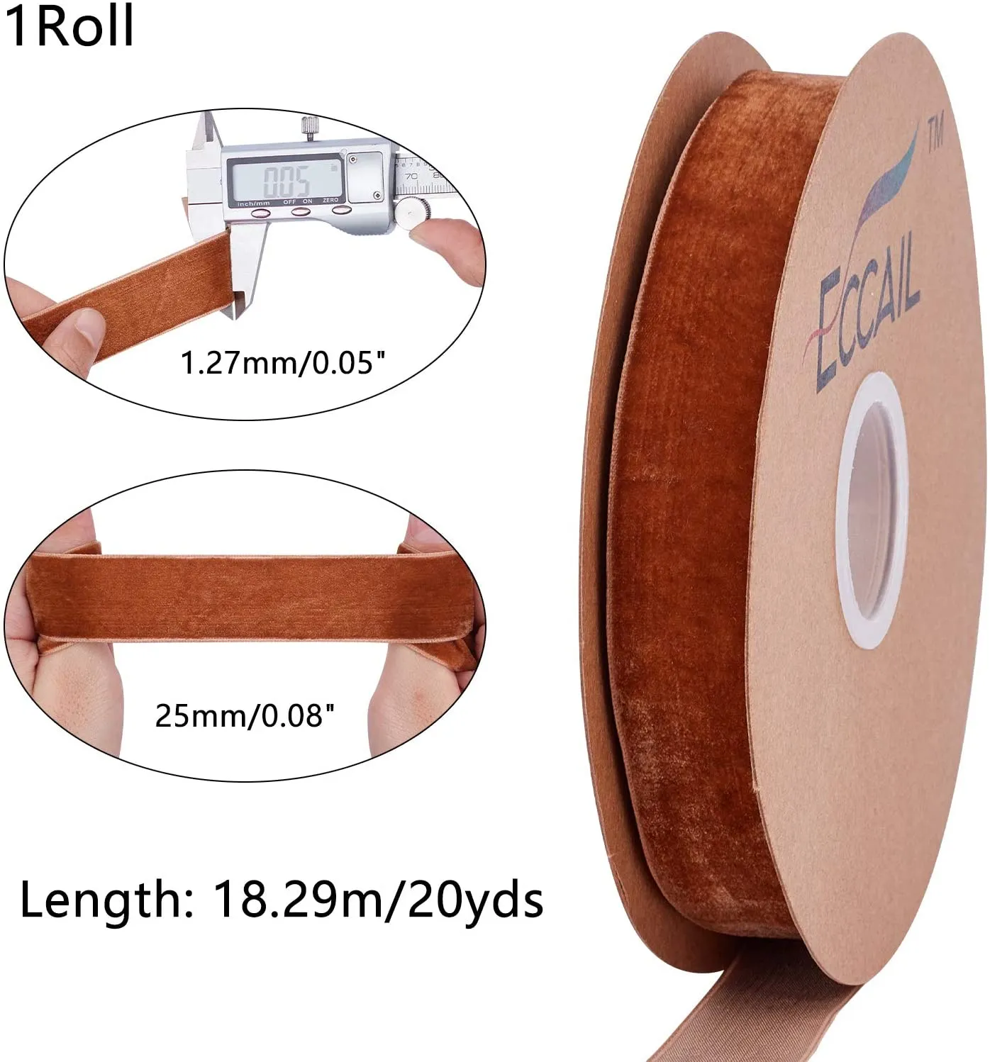 20 Yards ?¨¢ 1 Inch Single Side Velvet Ribbon, Satin Ribbon Roll for Wedding, Gift Wrapping, Hair Bows, Flower Arranging, Home Decorating ( Brown )