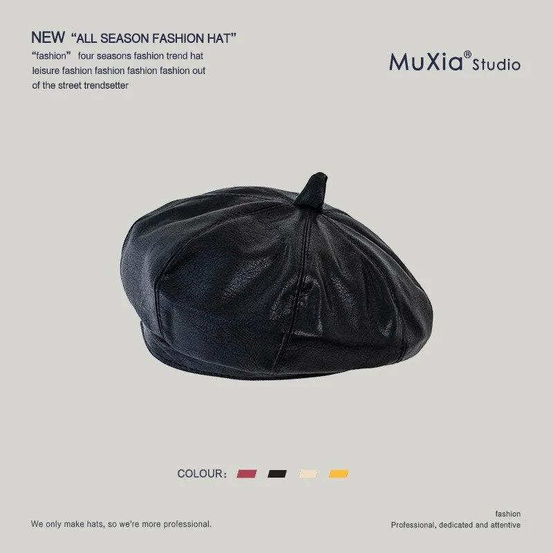 2022 PU Leather Beret Hat Women Flat Cap Hats Lady Girl Berets Hat Bone Female Franch Style 90 s Girls Painter Hat