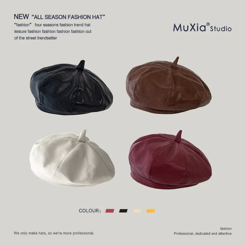 2022 PU Leather Beret Hat Women Flat Cap Hats Lady Girl Berets Hat Bone Female Franch Style 90 s Girls Painter Hat