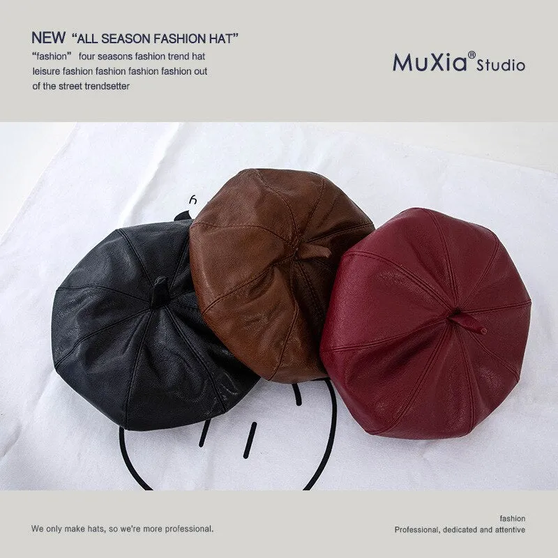 2022 PU Leather Beret Hat Women Flat Cap Hats Lady Girl Berets Hat Bone Female Franch Style 90 s Girls Painter Hat
