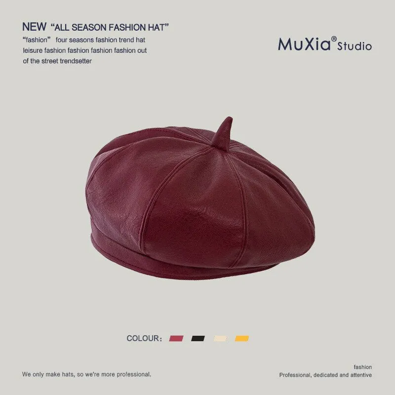 2022 PU Leather Beret Hat Women Flat Cap Hats Lady Girl Berets Hat Bone Female Franch Style 90 s Girls Painter Hat