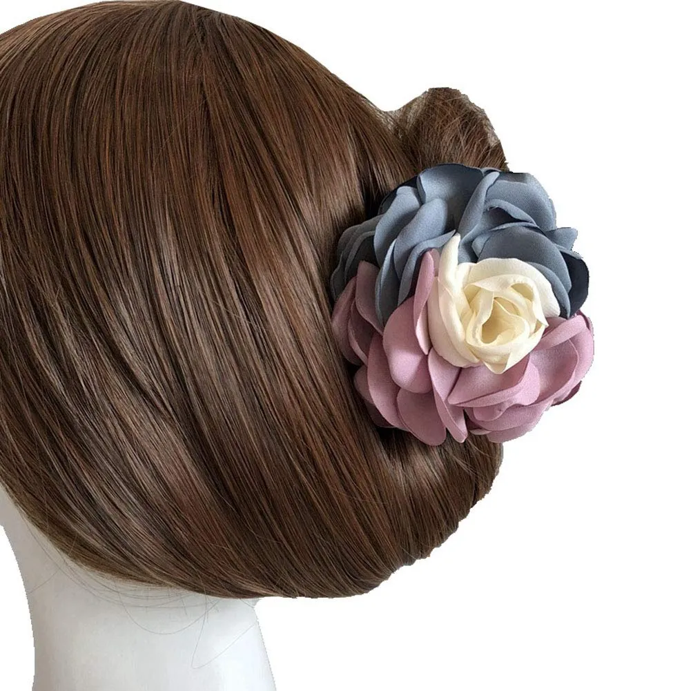 2PCS Sweet Large Rose Flower Hair Claws Beauty Ribbon Bow Hair Clips Headwear Hair Jewelry for Women Accessories (Pink   Pink blue)