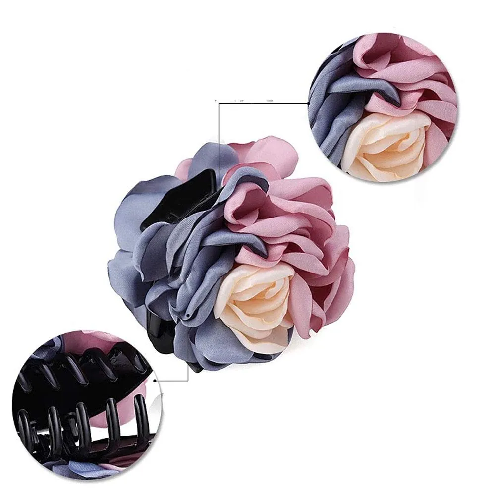 2PCS Sweet Large Rose Flower Hair Claws Beauty Ribbon Bow Hair Clips Headwear Hair Jewelry for Women Accessories (Pink   Pink blue)