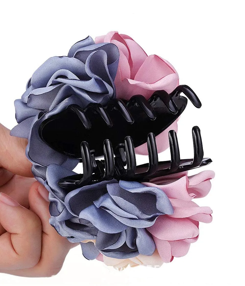 2PCS Sweet Large Rose Flower Hair Claws Beauty Ribbon Bow Hair Clips Headwear Hair Jewelry for Women Accessories (Pink   Pink blue)