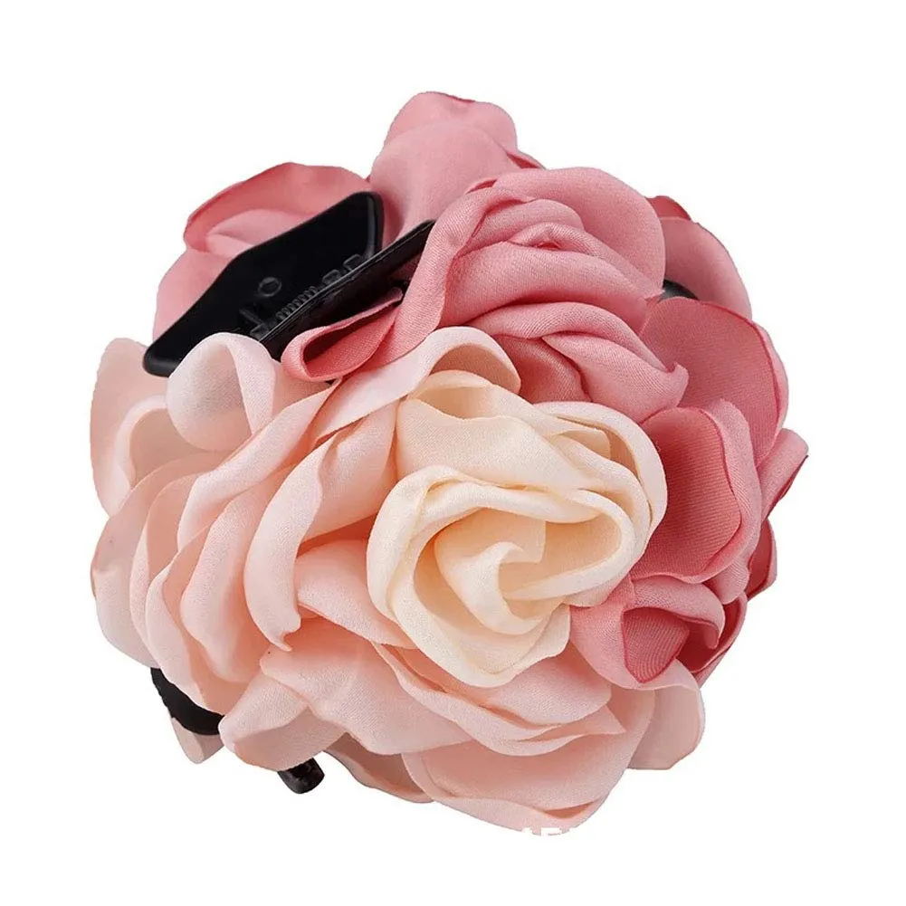 2PCS Sweet Large Rose Flower Hair Claws Beauty Ribbon Bow Hair Clips Headwear Hair Jewelry for Women Accessories (Pink   Pink blue)