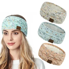 3 X Printed Womens Knitted Fleece Lined Headbands Light Blue White Pink