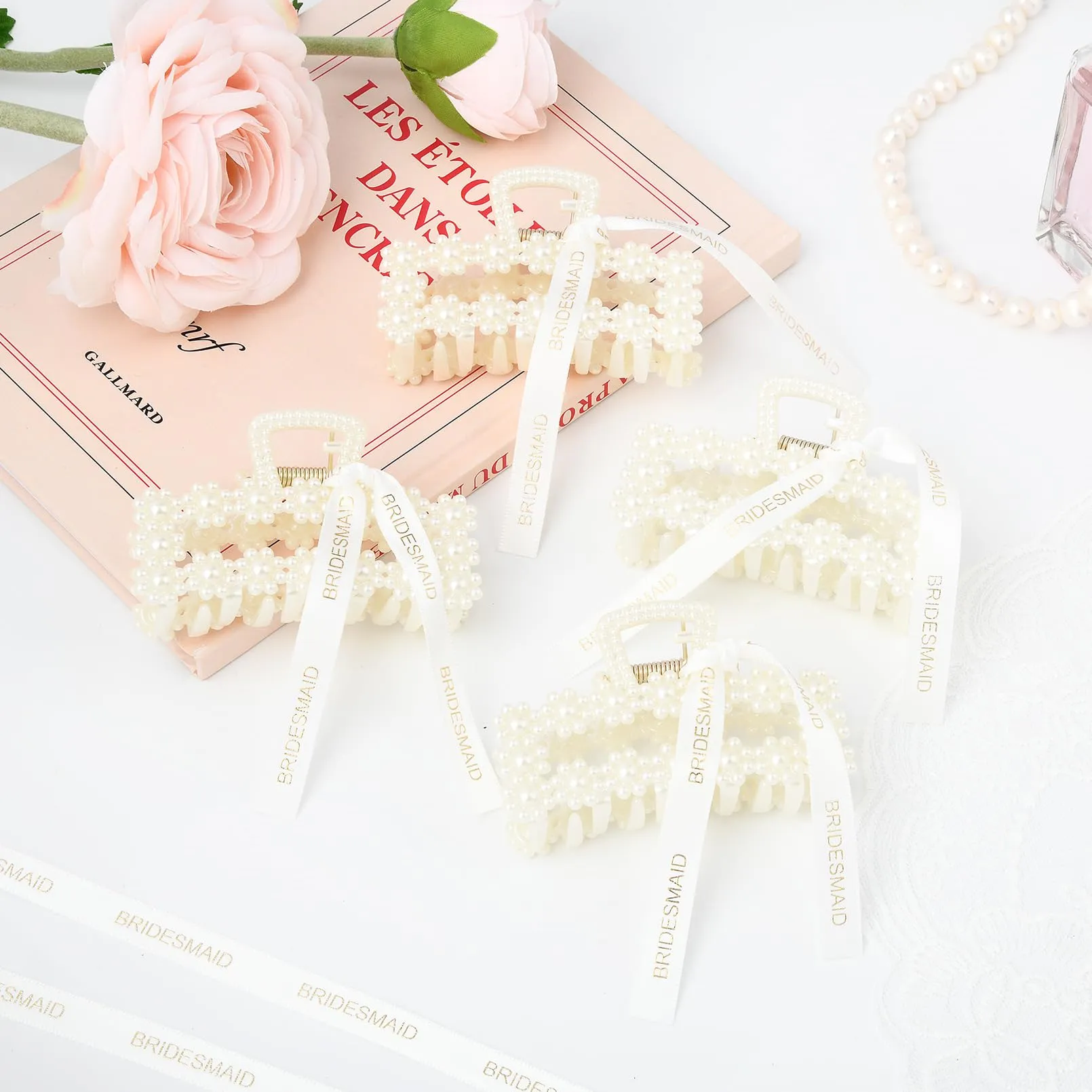 6PCS Pearl Bridesmaid Hair Claw Clips with Ribbon Bachelorette Gifts for Bridesmaid 3 Inch Rectangle Bridesmaid Hair Hccessories for Wedding Party Favors