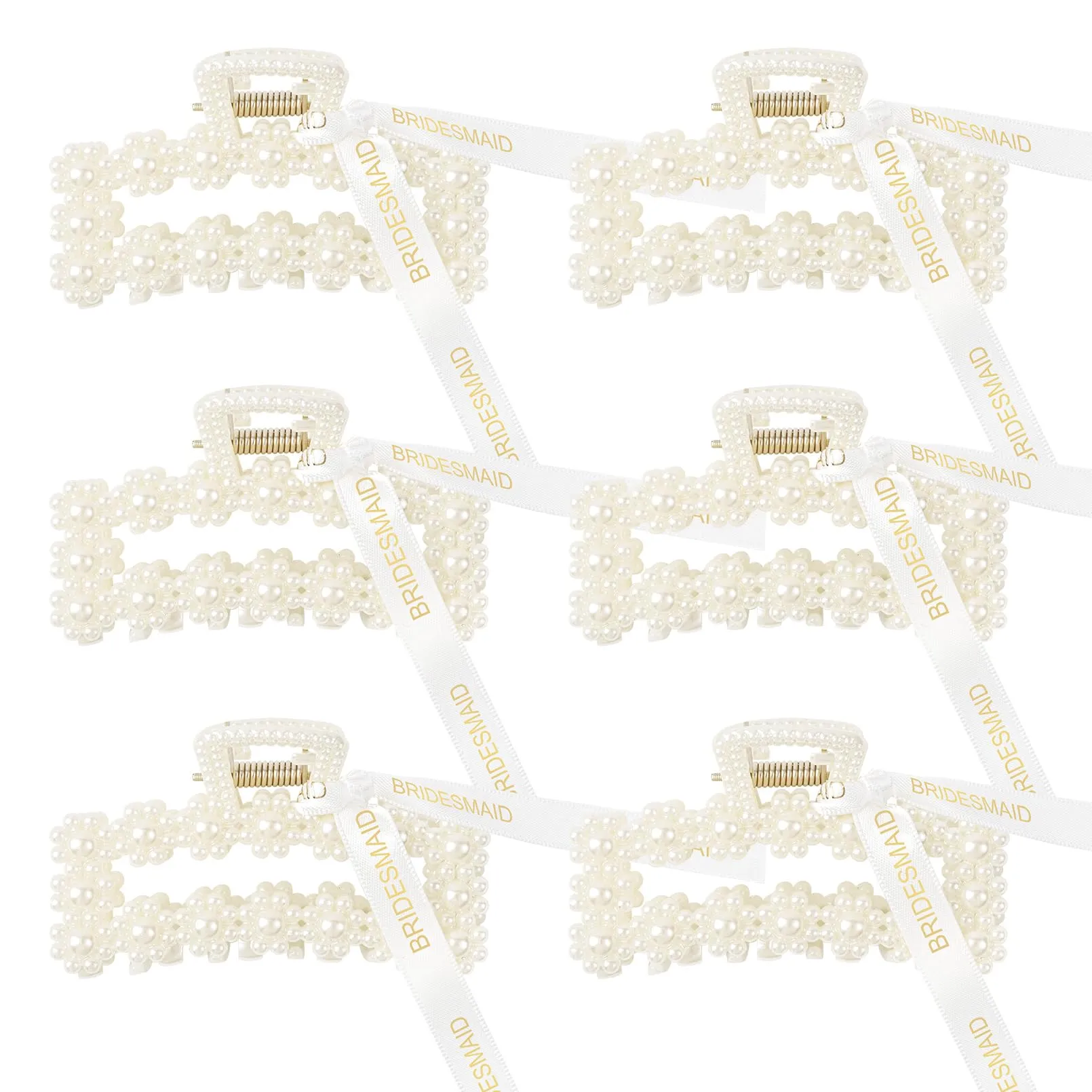 6PCS Pearl Bridesmaid Hair Claw Clips with Ribbon Bachelorette Gifts for Bridesmaid 3 Inch Rectangle Bridesmaid Hair Hccessories for Wedding Party Favors