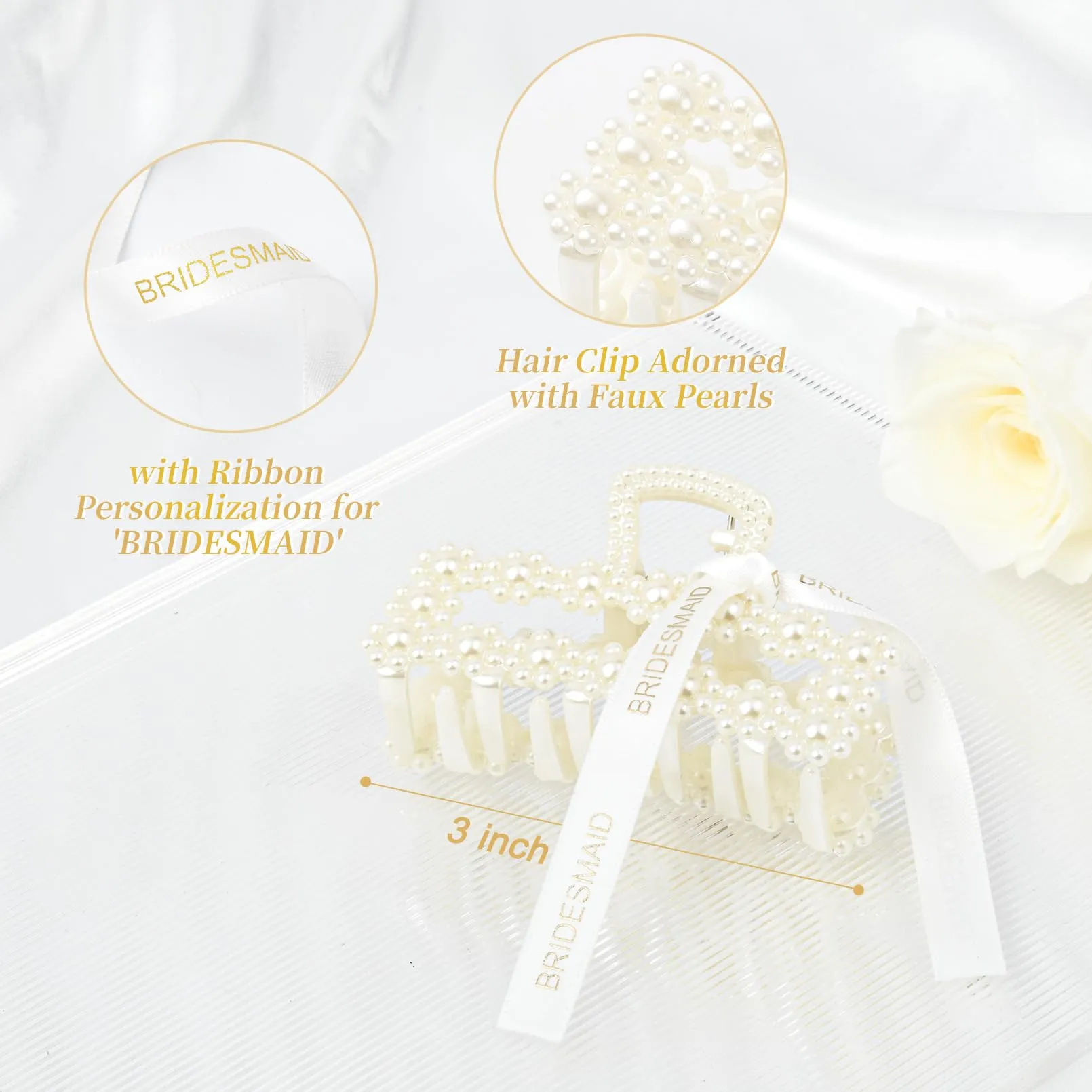 6PCS Pearl Bridesmaid Hair Claw Clips with Ribbon Bachelorette Gifts for Bridesmaid 3 Inch Rectangle Bridesmaid Hair Hccessories for Wedding Party Favors