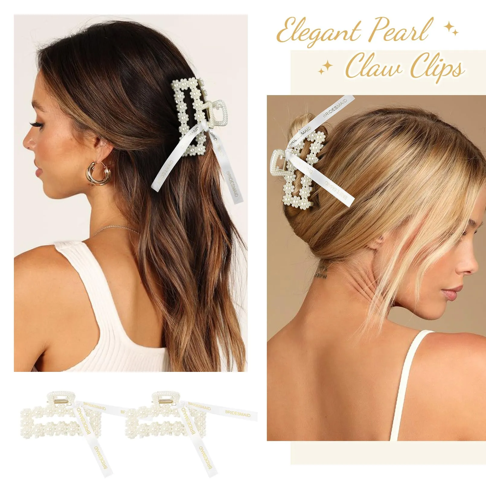 6PCS Pearl Bridesmaid Hair Claw Clips with Ribbon Bachelorette Gifts for Bridesmaid 3 Inch Rectangle Bridesmaid Hair Hccessories for Wedding Party Favors