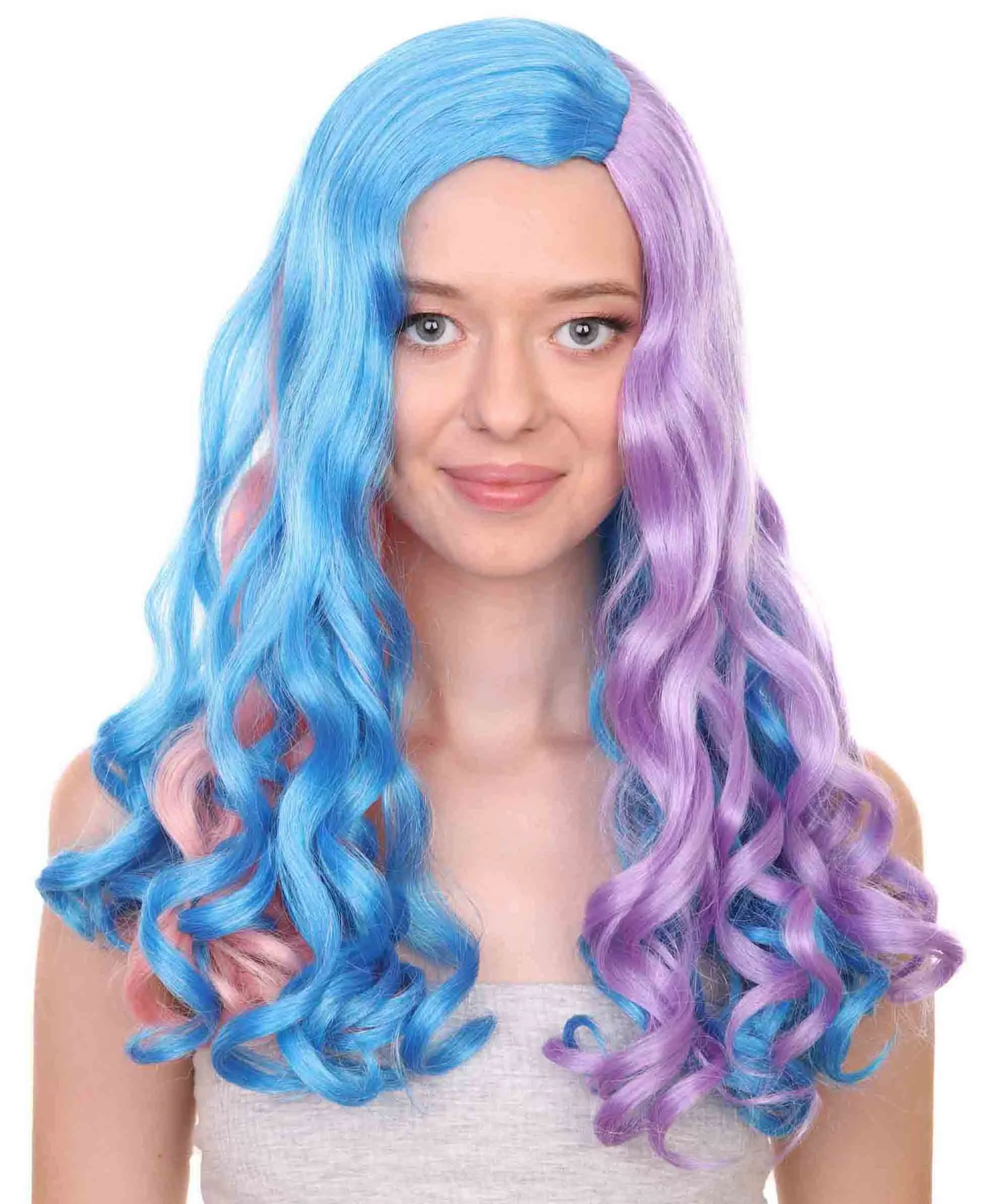 Adult Women's 19 Inch Medium Length Wavy Halloween Anime Rainbow Mermaid Festival Wig, Synthetic Soft Fiber MultiColor Hair, Perfect for your next Party or Cosplay Event | HPO