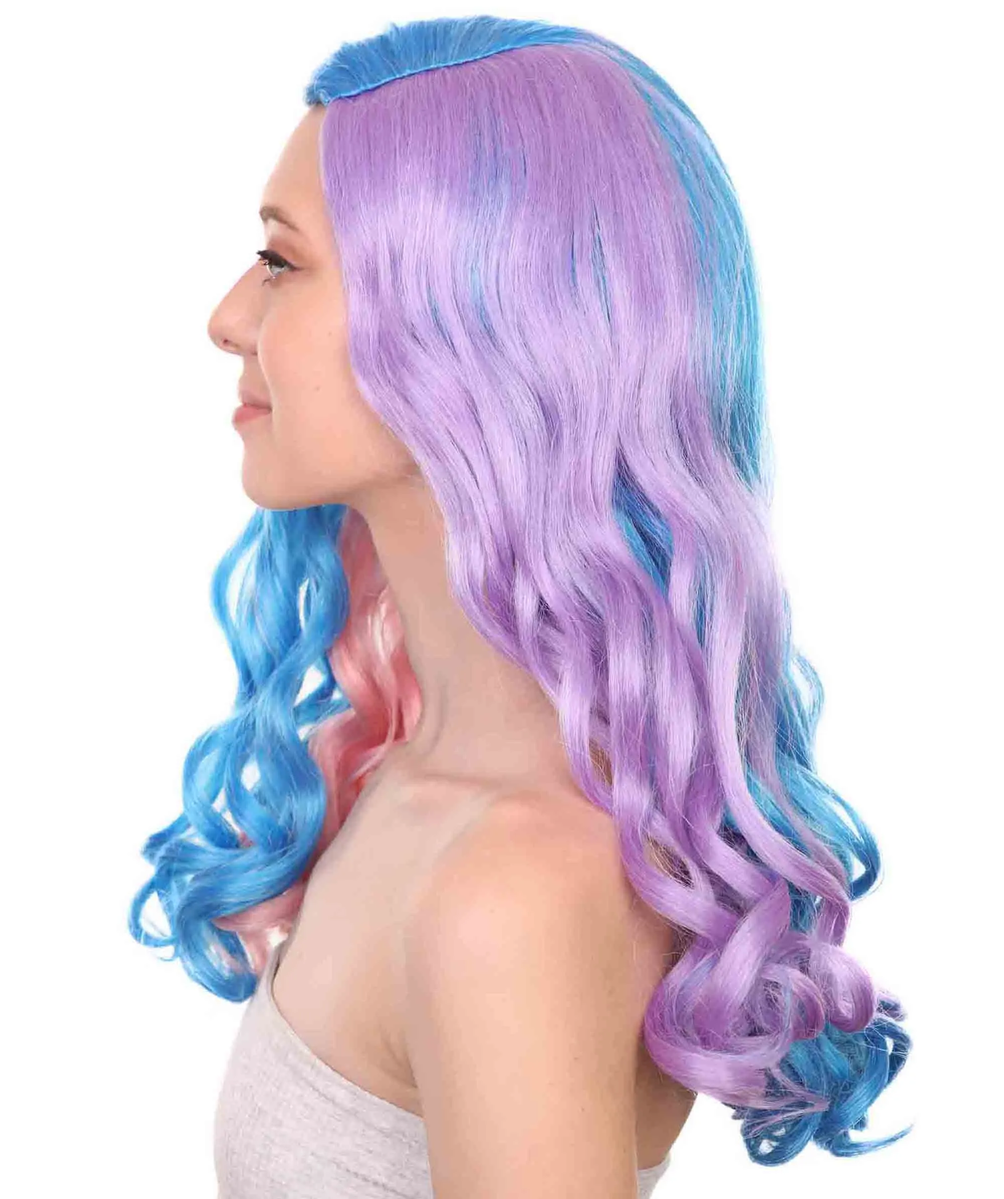 Adult Women's 19 Inch Medium Length Wavy Halloween Anime Rainbow Mermaid Festival Wig, Synthetic Soft Fiber MultiColor Hair, Perfect for your next Party or Cosplay Event | HPO