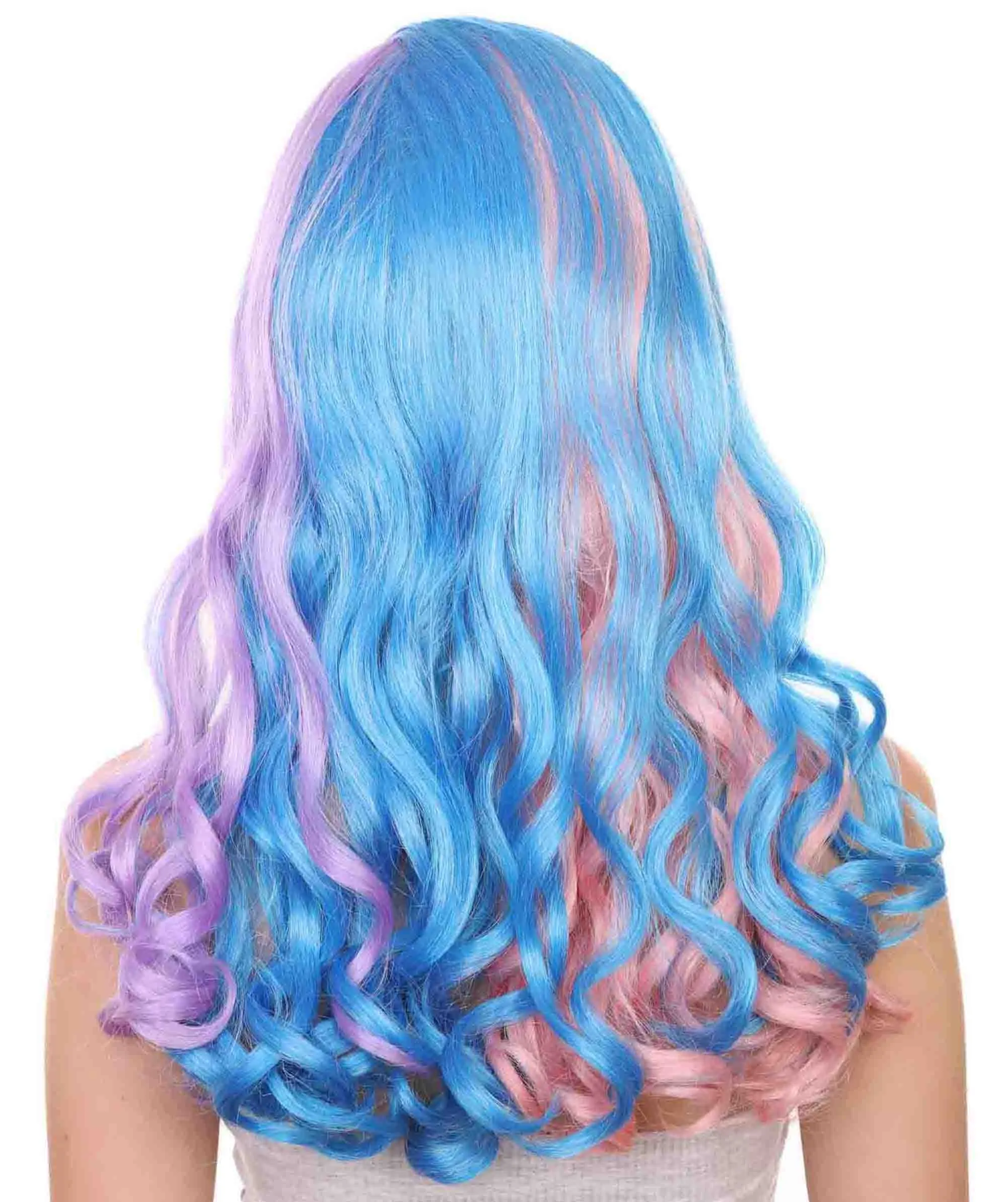 Adult Women's 19 Inch Medium Length Wavy Halloween Anime Rainbow Mermaid Festival Wig, Synthetic Soft Fiber MultiColor Hair, Perfect for your next Party or Cosplay Event | HPO