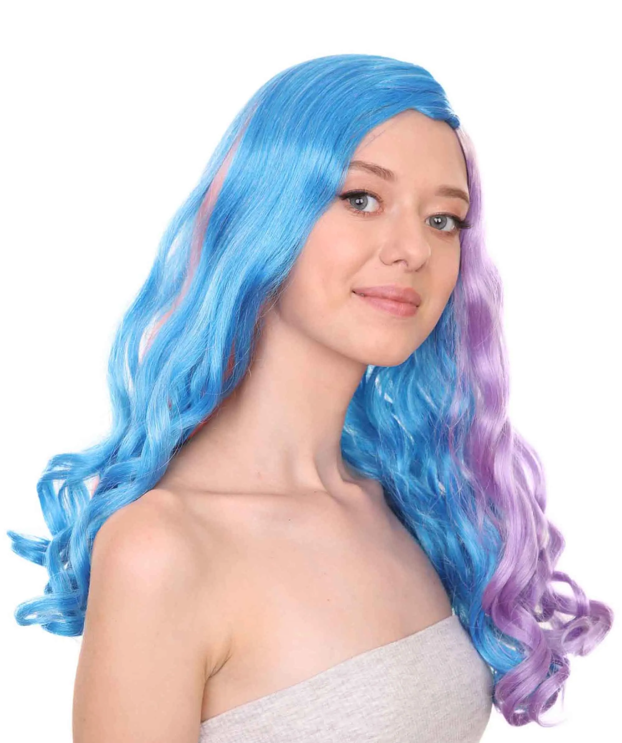 Adult Women's 19 Inch Medium Length Wavy Halloween Anime Rainbow Mermaid Festival Wig, Synthetic Soft Fiber MultiColor Hair, Perfect for your next Party or Cosplay Event | HPO
