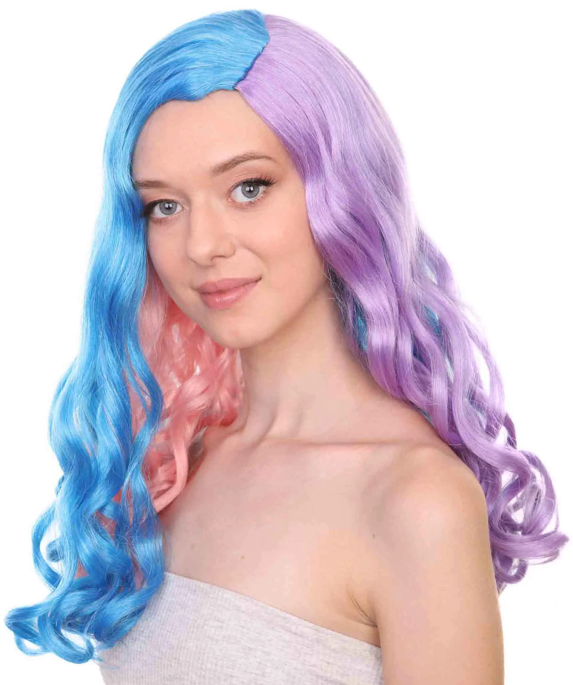Adult Women's 19 Inch Medium Length Wavy Halloween Anime Rainbow Mermaid Festival Wig, Synthetic Soft Fiber MultiColor Hair, Perfect for your next Party or Cosplay Event | HPO