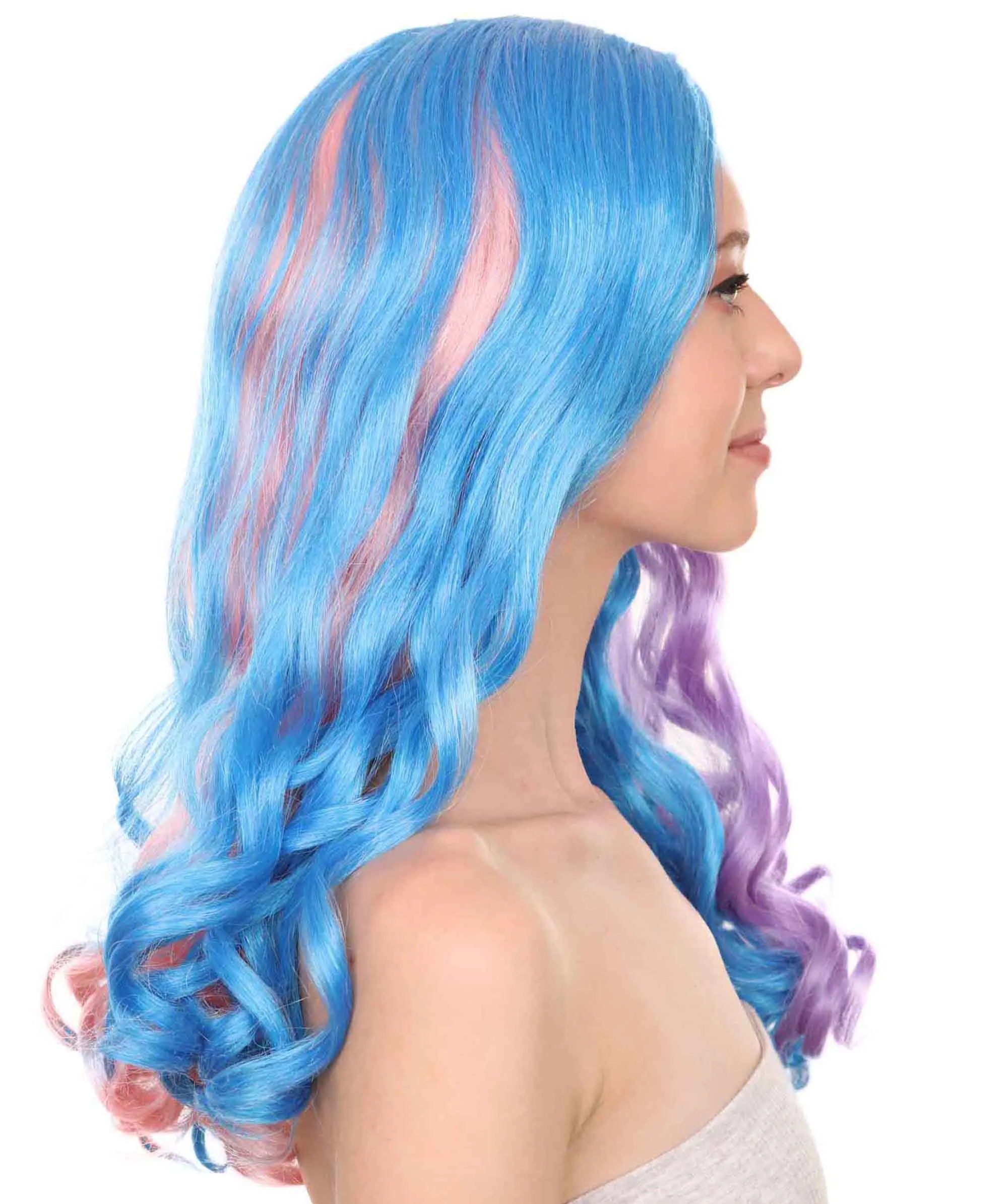 Adult Women's 19 Inch Medium Length Wavy Halloween Anime Rainbow Mermaid Festival Wig, Synthetic Soft Fiber MultiColor Hair, Perfect for your next Party or Cosplay Event | HPO