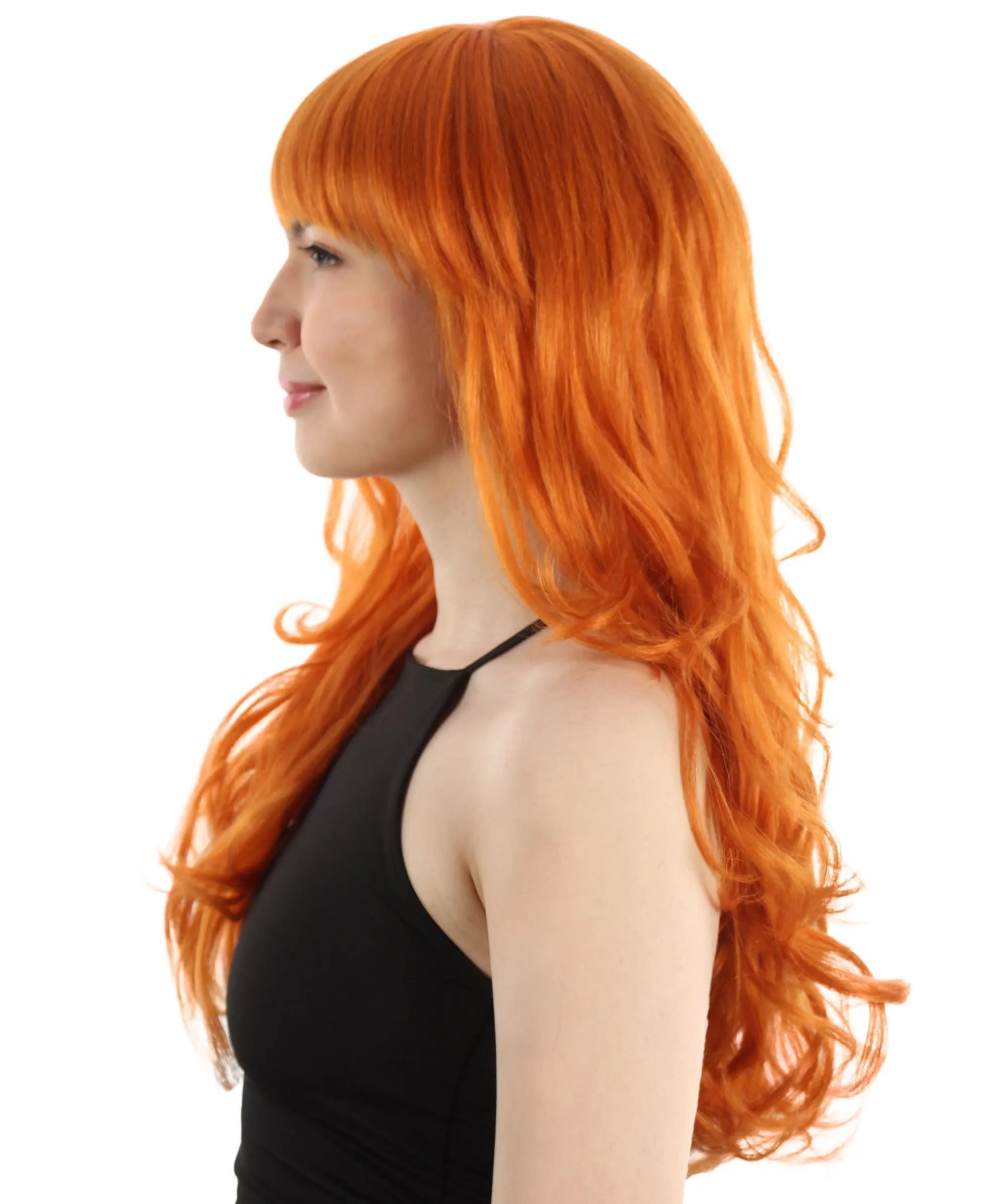 Adult Women’s Japanese Anime Series Thief & Pickpocketer female Character Long Wavy Orange Wig | Best for Halloween | Flame-retardant Synthetic Fiber