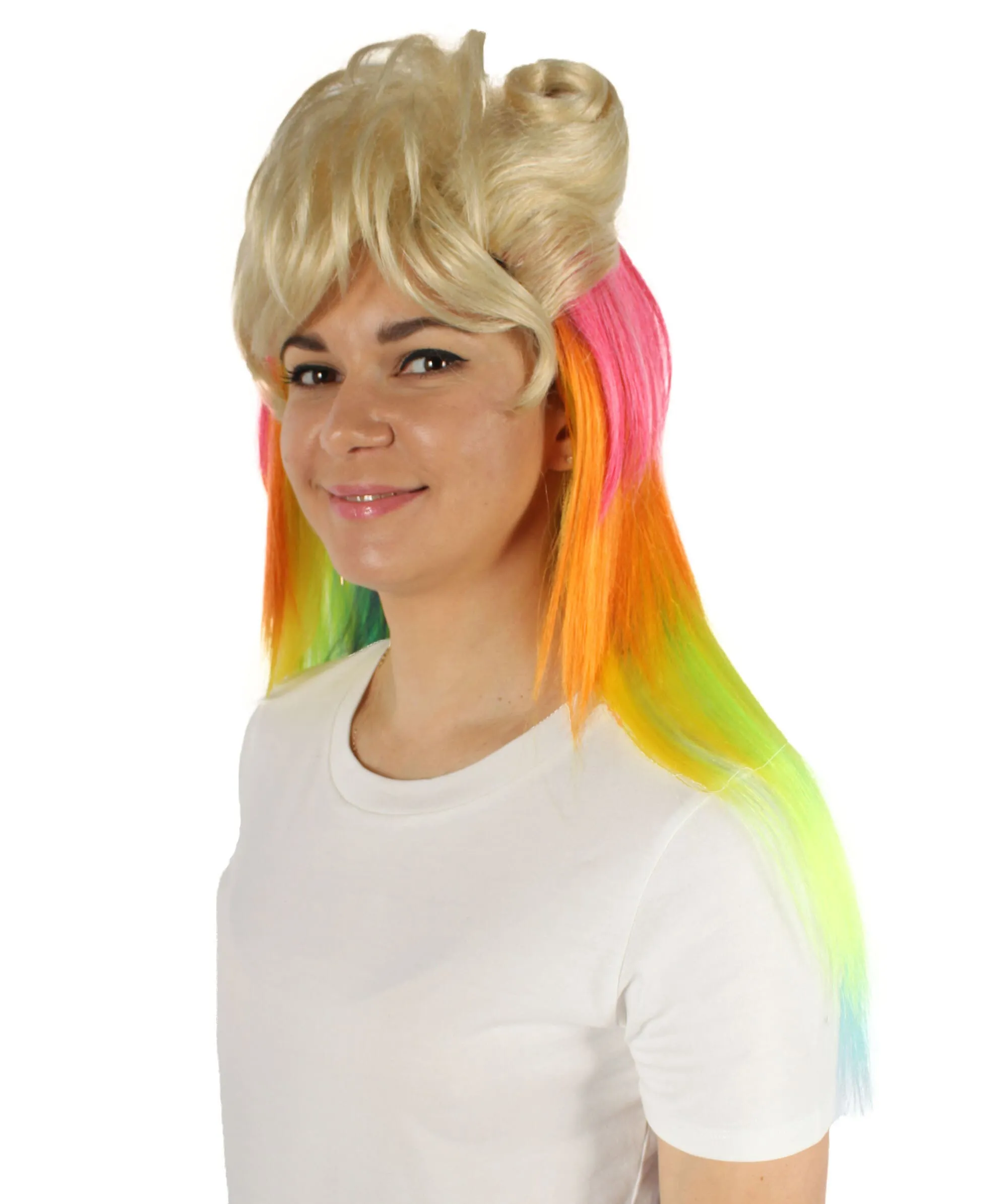 Adult Women’s  Rainbow 80'sMullet Cosplay Wig | Perfect For Halloween | Flame-retardant Synthetic Fiber