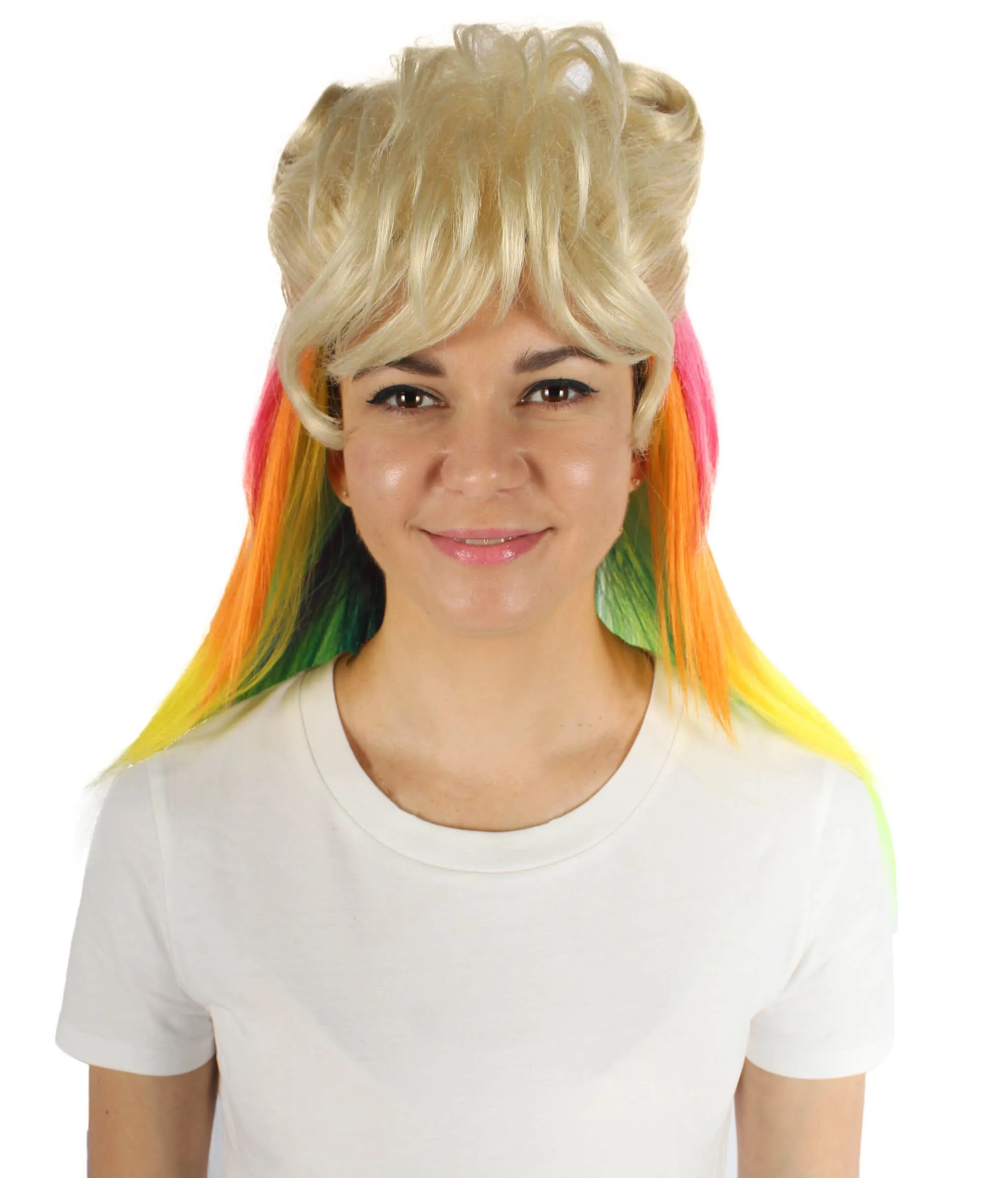 Adult Women’s  Rainbow 80'sMullet Cosplay Wig | Perfect For Halloween | Flame-retardant Synthetic Fiber