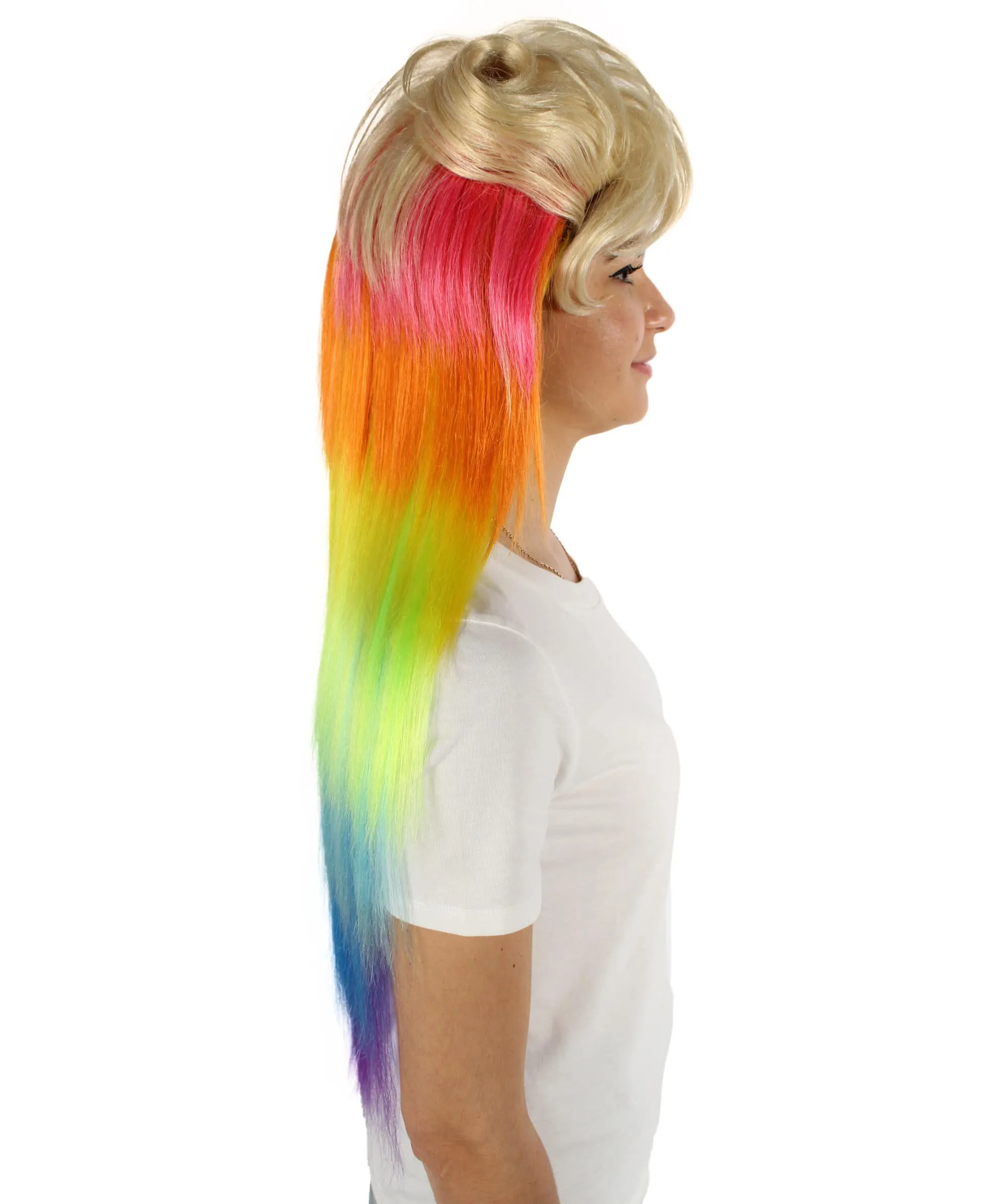 Adult Women’s  Rainbow 80'sMullet Cosplay Wig | Perfect For Halloween | Flame-retardant Synthetic Fiber