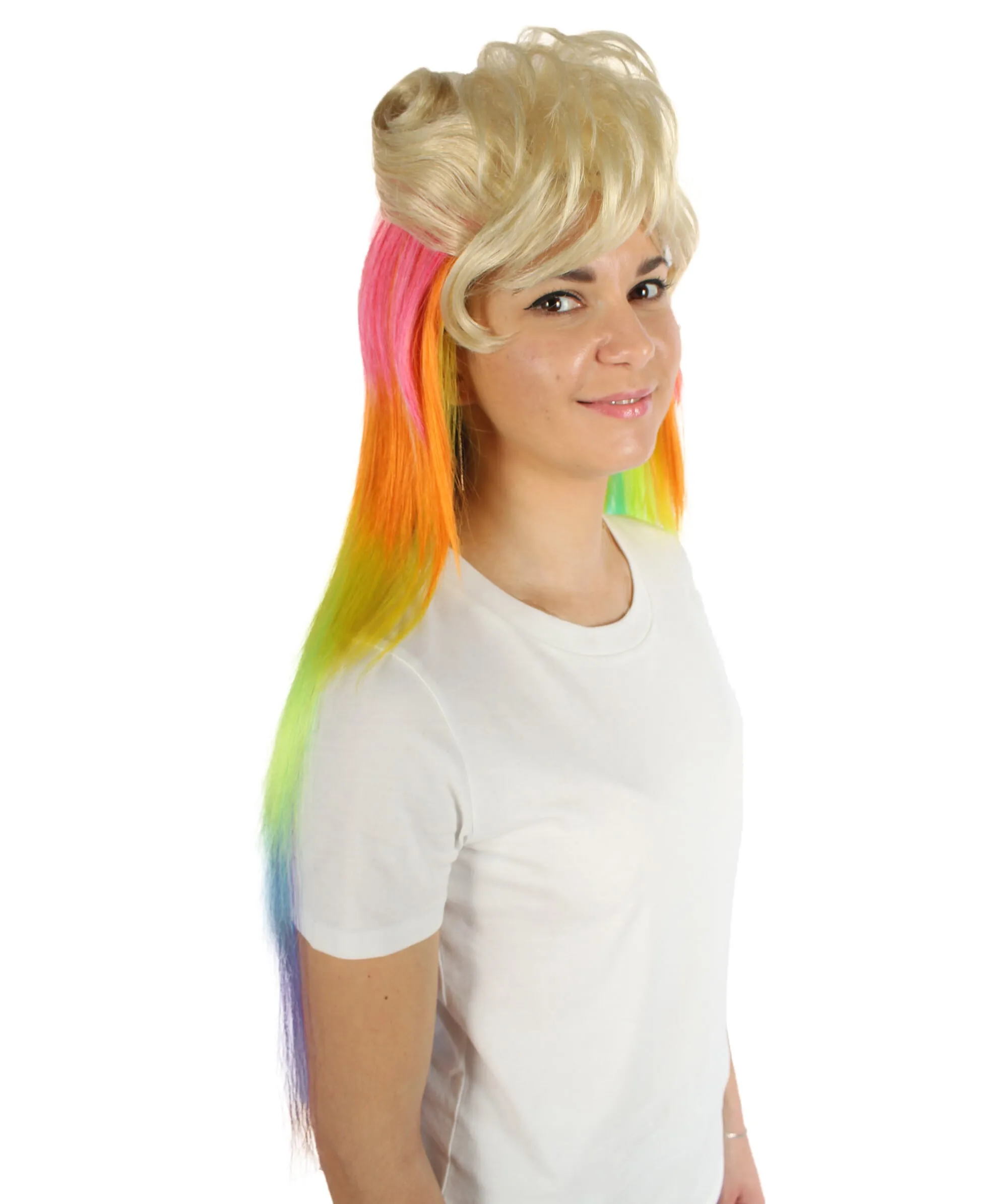 Adult Women’s  Rainbow 80'sMullet Cosplay Wig | Perfect For Halloween | Flame-retardant Synthetic Fiber