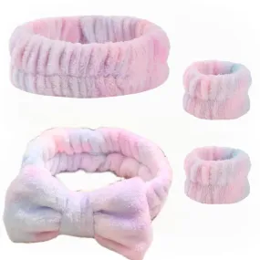 Ancaedhy 4 Pieces Face Wash Headband and Wristband Set, Spa Headband and wrist washband set for washing face, Skincare headband and wristband set, Macaron Pink Spa headband