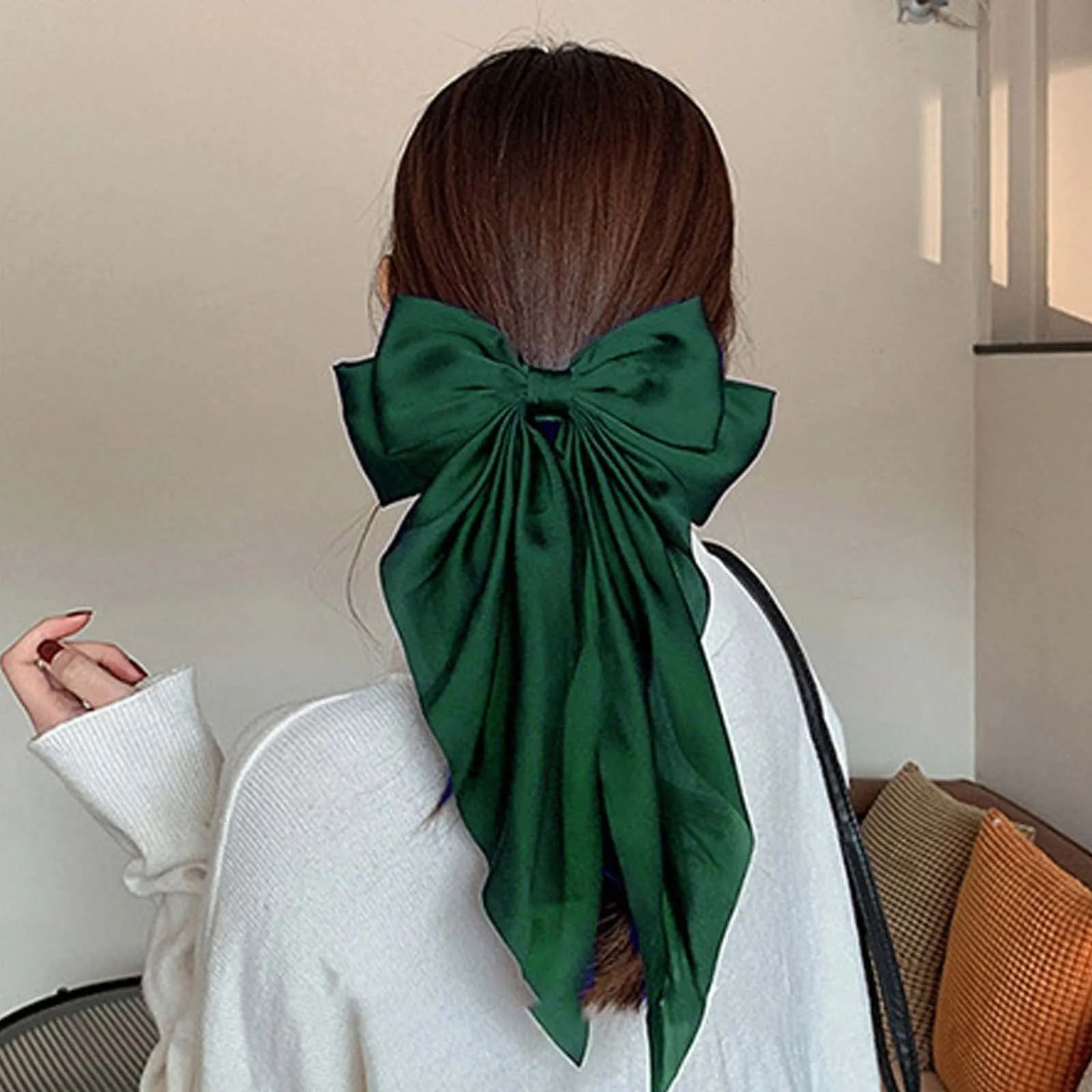 Andelaisi Vintage Silk Bow Hair Clips Green Bowknot Hair Barrettes Long Tail Silk Bow Hair Clip Barrette Large Bow Hair Accessories French Bowknot Clip Headpiece for Women and Girls Headdress (Green)