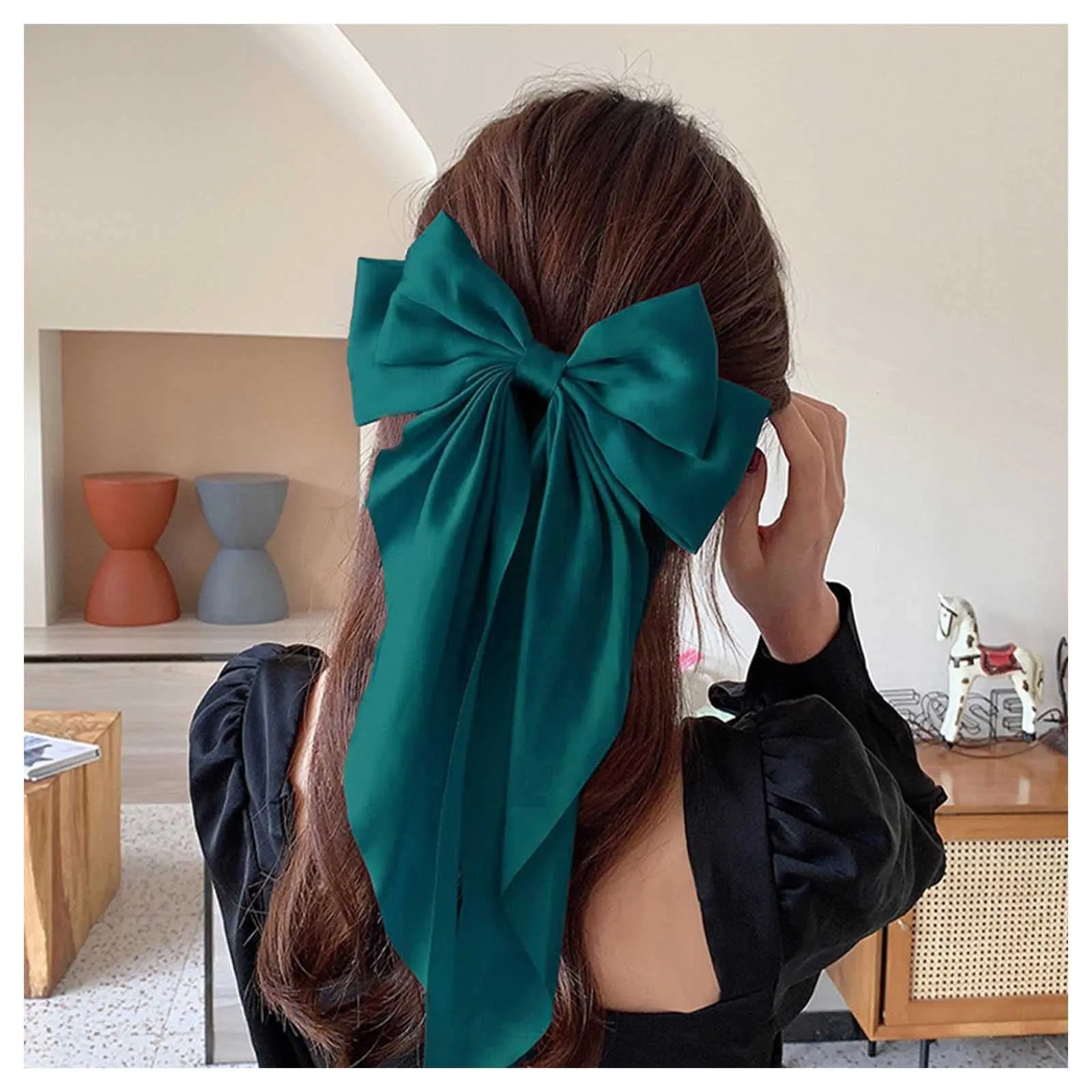 Andelaisi Vintage Silk Bow Hair Clips Green Bowknot Hair Barrettes Long Tail Silk Bow Hair Clip Barrette Large Bow Hair Accessories French Bowknot Clip Headpiece for Women and Girls Headdress (Green)