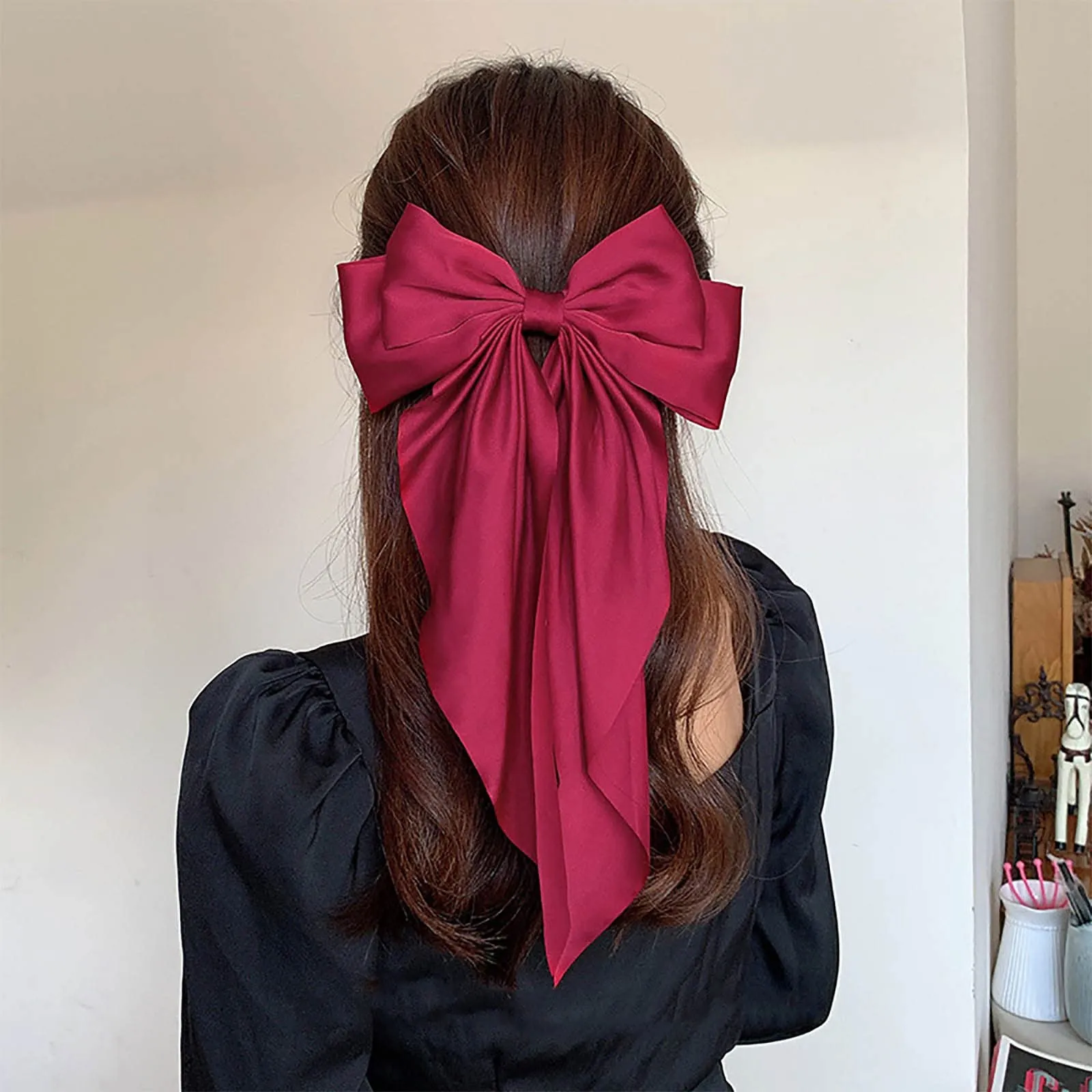 Andelaisi Vintage Silk Bow Hair Clips Red Bowknot Hair Barrettes Long Tail Silk Bow Hair Clip Barrette Large Bow Hair Accessories French Bowknot Clip Headpiece for Women and Girls Headdress (Red)