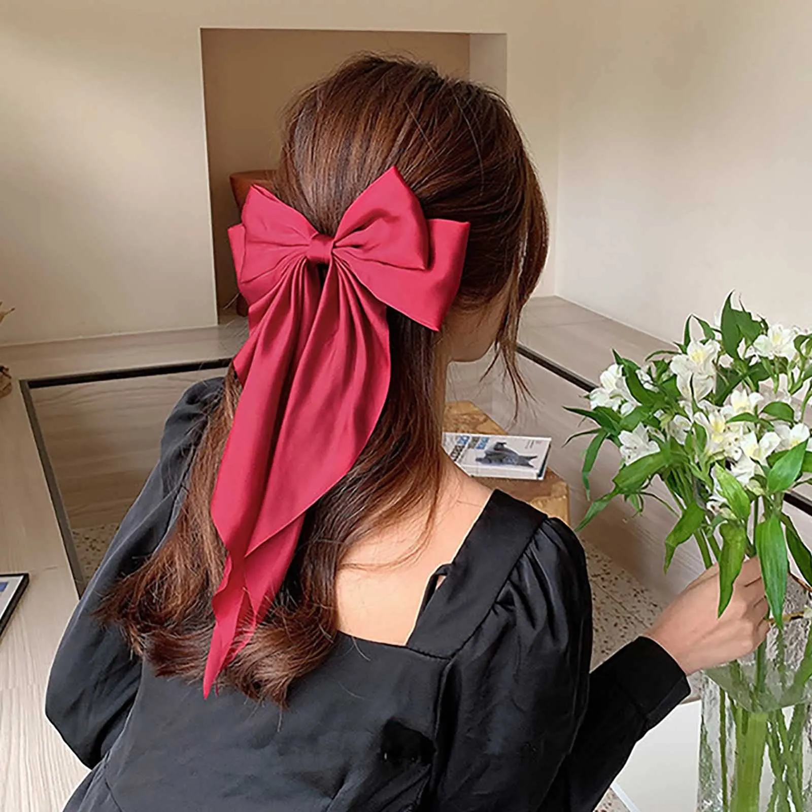 Andelaisi Vintage Silk Bow Hair Clips Red Bowknot Hair Barrettes Long Tail Silk Bow Hair Clip Barrette Large Bow Hair Accessories French Bowknot Clip Headpiece for Women and Girls Headdress (Red)
