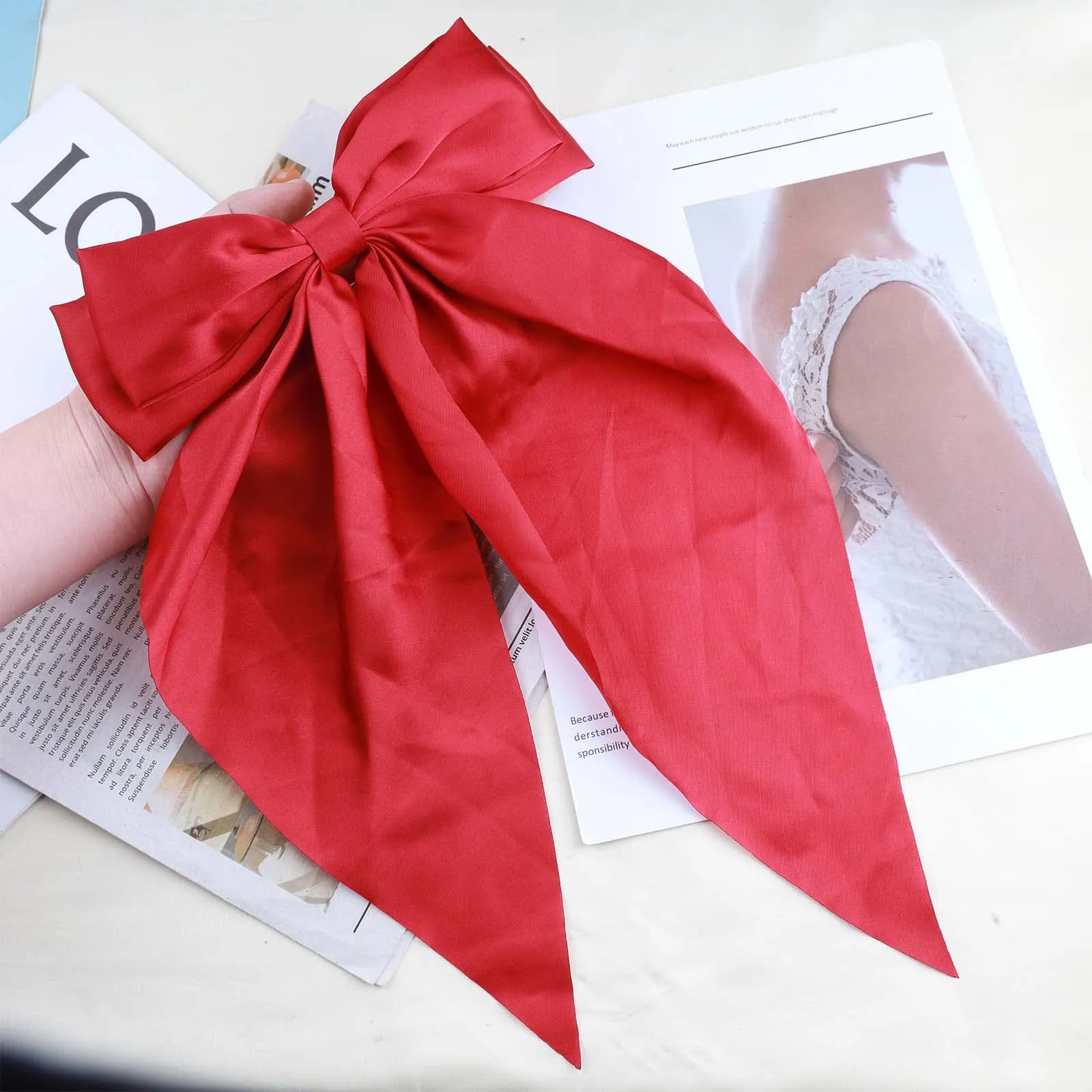 Andelaisi Vintage Silk Bow Hair Clips Red Bowknot Hair Barrettes Long Tail Silk Bow Hair Clip Barrette Large Bow Hair Accessories French Bowknot Clip Headpiece for Women and Girls Headdress (Red)