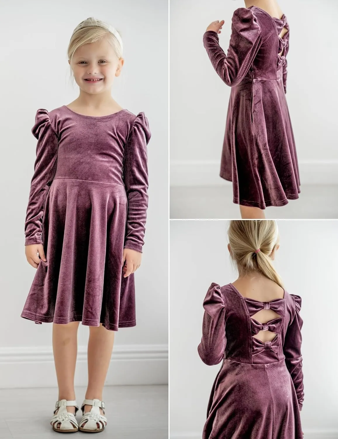 Arshiner Girls Bow Back Velvet Formal Party Dresses with Pockets