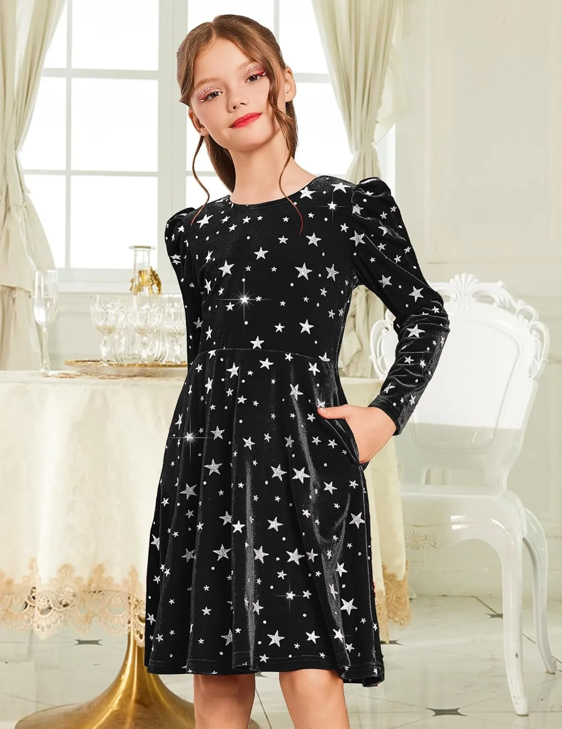 Arshiner Girls Bow Back Velvet Formal Party Dresses with Pockets