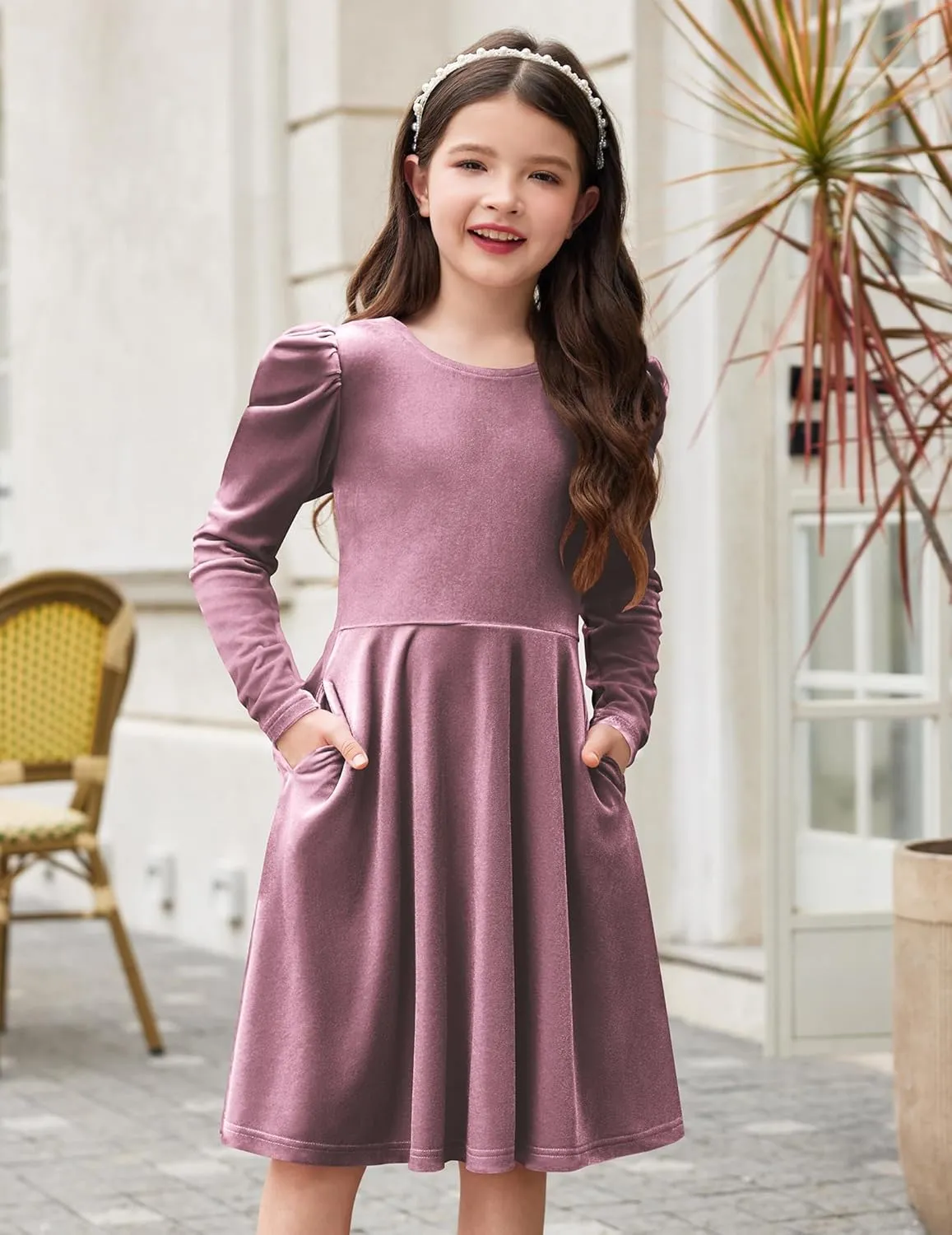 Arshiner Girls Bow Back Velvet Formal Party Dresses with Pockets