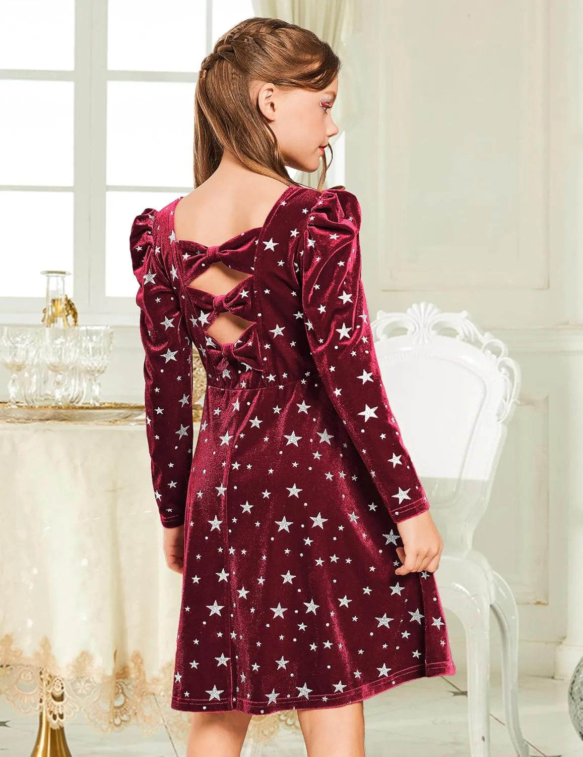 Arshiner Girls Bow Back Velvet Formal Party Dresses with Pockets