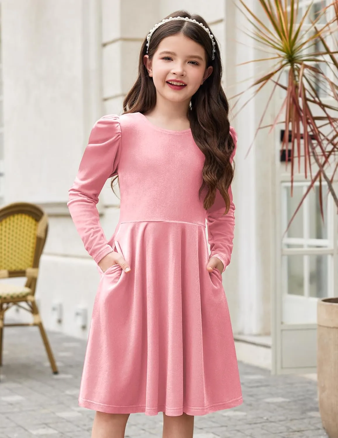Arshiner Girls Bow Back Velvet Formal Party Dresses with Pockets