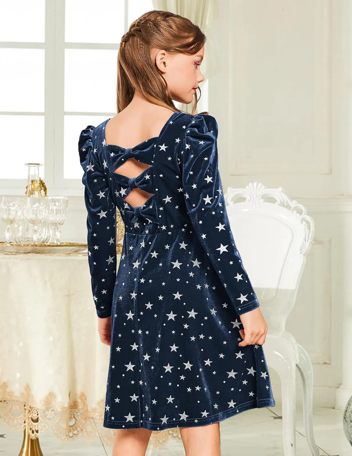 Arshiner Girls Bow Back Velvet Formal Party Dresses with Pockets