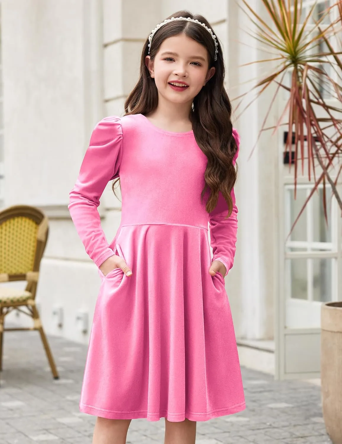 Arshiner Girls Bow Back Velvet Formal Party Dresses with Pockets