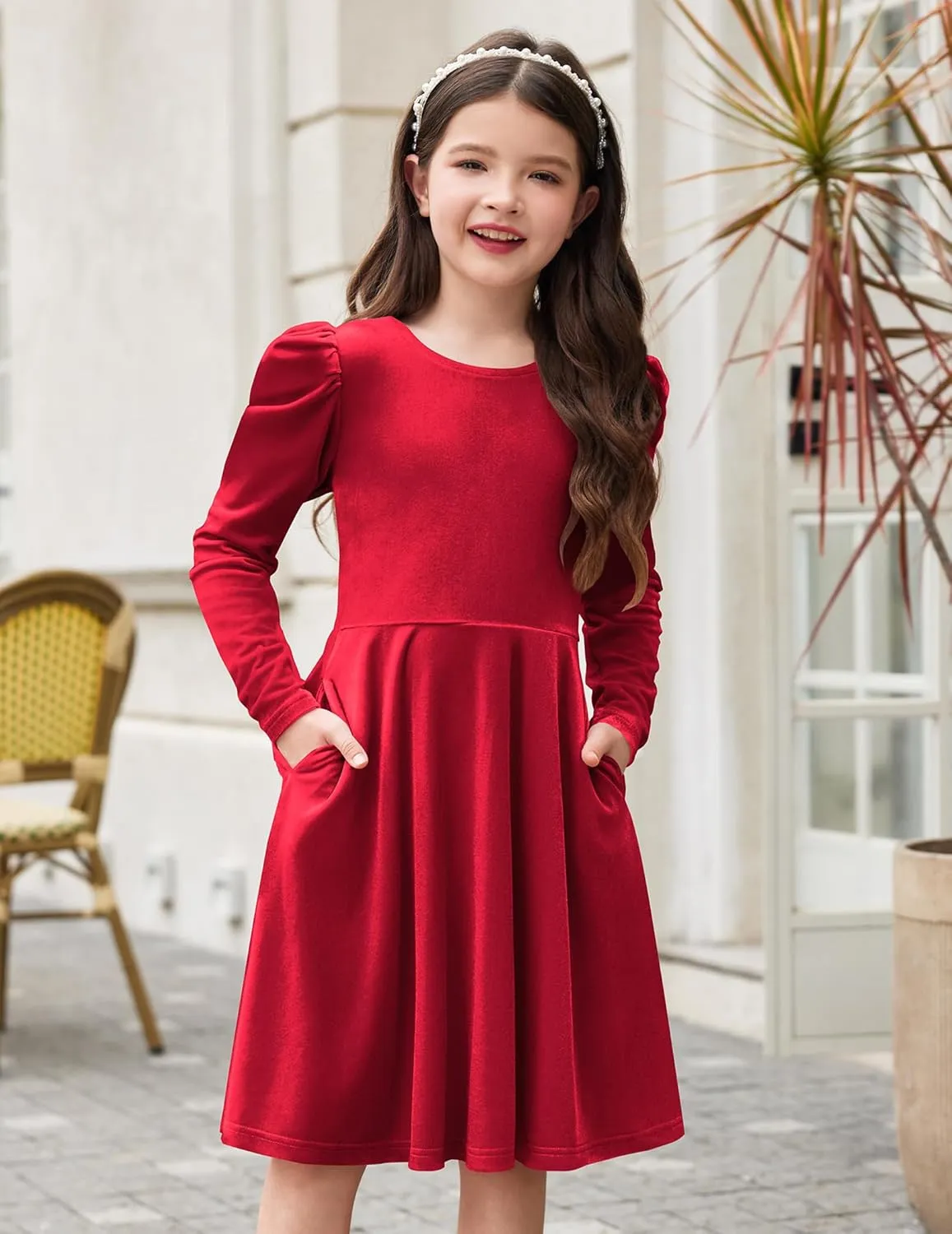 Arshiner Girls Bow Back Velvet Formal Party Dresses with Pockets